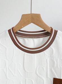 2pcs Casual Outfit For Teenage Boys: Textured Letter Fabric Patchwork Two-Tone Drawstring Suit