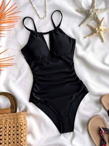 SHEIN 青少年女孩黑色连体泳衣，带吊带领、腰部褶饰和镂空设计，适合在海滩和海洋中穿着