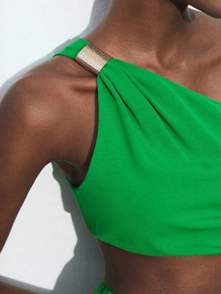 SHEIN Maija 2025 Autumn/Winter New Green Asymmetrical Cut Asymmetric Asymmetrical Neck Design Metal Decor Button Accent Elegant Dress, Fashionable Modern Urban Romantic Refined Rustic Y2K Country Music Festival Vintage Korean Airport Travel Street Wedding Guest Birthday Halloween Business Casual Office Date Party Outing Airport Back To School Autumn/Winter Women