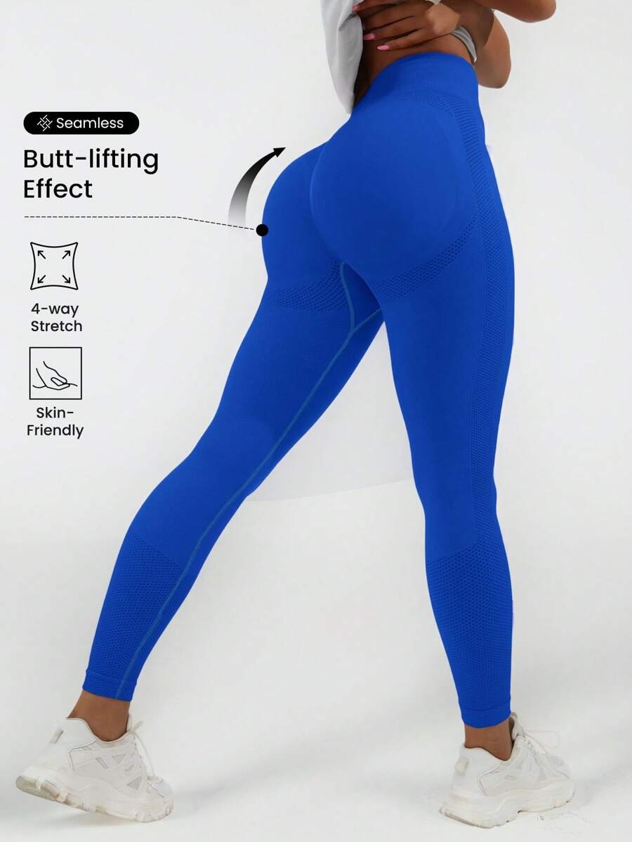 SHEIN Sports 瑜伽打底褲無縫收復訓練緊身打底褲 - 寶藍色 - 查看 1