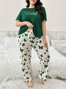 2pcs Butterfly & Letter Print Short Sleeve Pajama Set For Plus Size Women - Dark Green - View 5