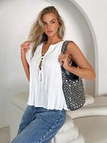 Roylia Sleeveless Pleated Tie Neck Casual Shirt For Women, Vacation Vibe - White - View 1