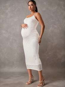 MaterniChic Elegant Solid Color Jacquard Slim Fit Maternity Slip Dress Baby Shower Summer Outfits - White - View 1