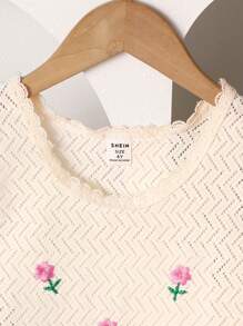 Set de 2 piezas para niña joven que incluye top sin mangas beige cómodo y shorts de mezclilla azules con bordado rosa y flecos, conjunto de verano lindo - Albaricoque - Ver 5