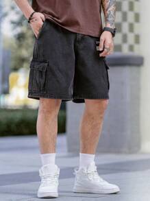 Manfinity Hypemode Quần short denim túi tiện dụng có miếng dán chữ cỡ lớn cho nam, dành cho mùa hè - màu đen - Xem 8