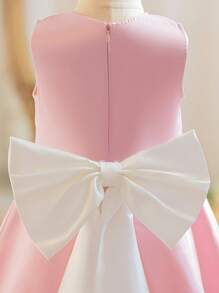 SHEIN Young Girl Classic Woven Faux Pearl Embroidered Bow Decor Dress - Pink - View 4