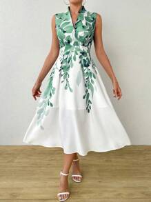 SHEIN Clasi 女士夏季植物印花 V 领无袖优雅长裙，搭配重叠设计超长女士服装 - 綠色 - 查看 5