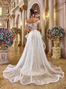 Glamrae 夏季优雅浪漫华丽白色蕾丝拼接网眼甜心领口奢华亮片刺绣贴花修身鱼尾加拖尾拼接不对称大飘逸连体适合度假蜜月晚宴婚礼活动婚宴宾客礼服女唯美新娘婚纱 - 白色 - 查看 3