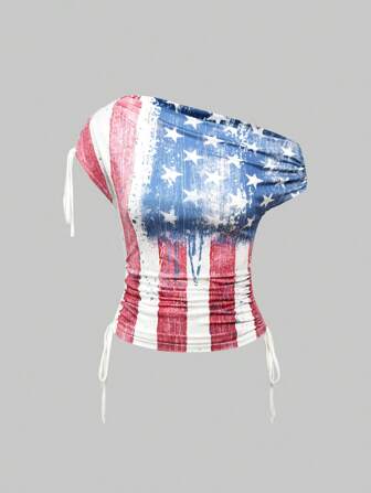 ROMWE Avant Women's Asymmetric Neck Distressed USA Flag Drawstring T-Shirt,