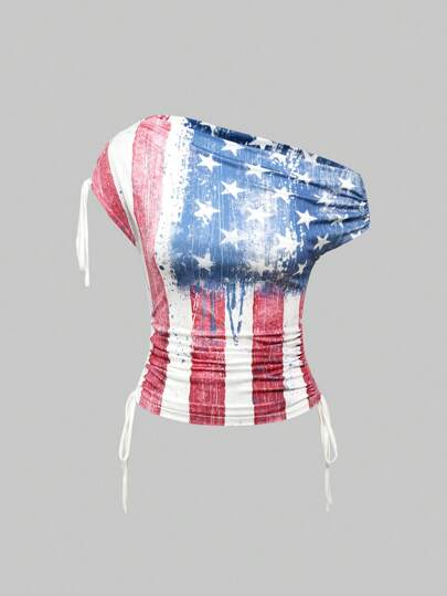 ROMWE Avant T-shirt à encolure asymétrique pour femmes avec drapeau USA déchiré et cordon de serrage