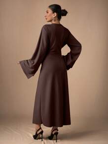 EURMUSE Elegante vestito monocromatico con maniche a campana adatto per l'ufficio - Castano - Visualizzare 2