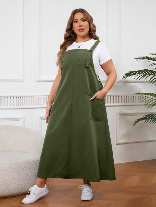 Calvaya Plus Size Women Solid Color Dual Pocket Casual Loose Strap Dress Maxi Women Outfit