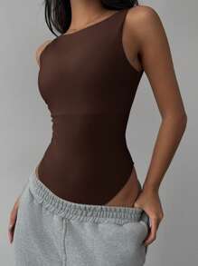 SHEIN BASICS Casual Solid Color Knitted Backless Bodysuit For Women Summer Outfit For Women - Brown - View 5
