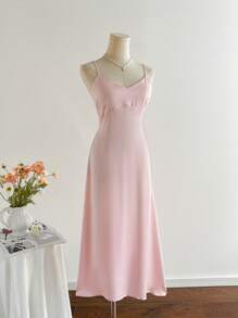 Elamini Vrouwen Elegante Roze Sexy Spaghettiband Taille Definiërende Midi-jurk