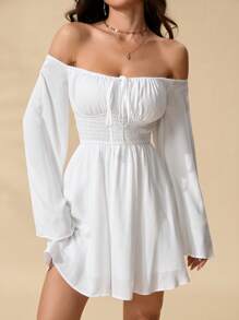 SHEIN PETITE Vestido romántico con hombros descubiertos, mangas acampanadas y cintura - Blanco - Ver 3
