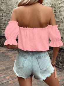 Breezaya Chemise casual à manches courtes avec épaules dénudées, volants et nœud, de couleur unie