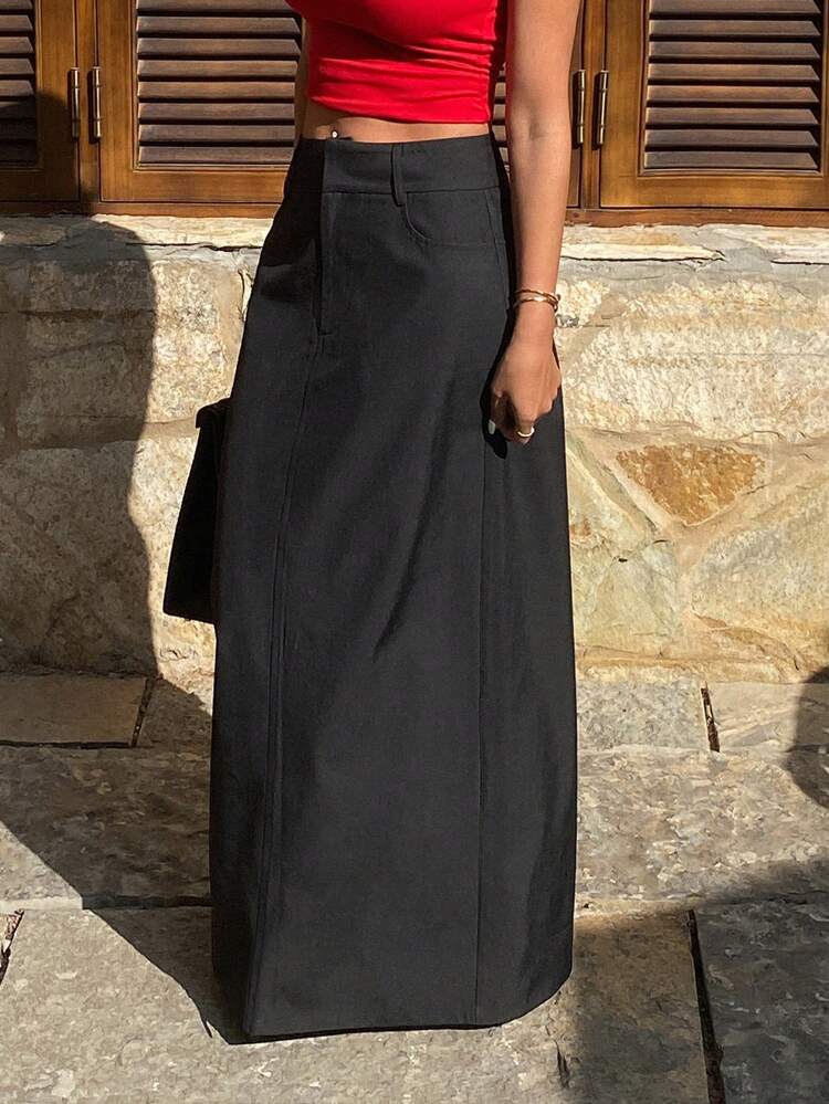Solid Color Fitted Long Skirt With Slits For Women,Fall Clothes