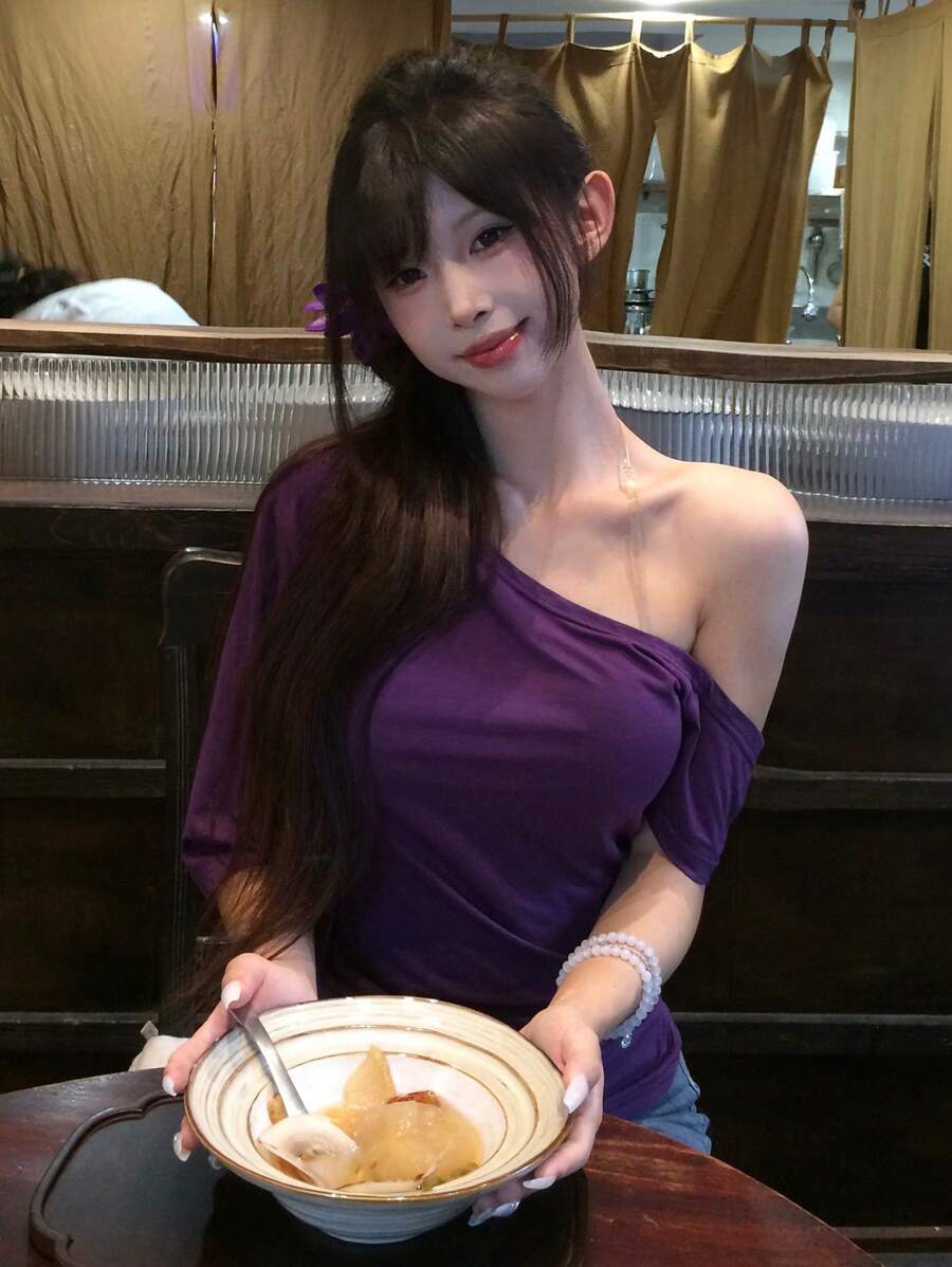 DAZY 女士修身短款露背短袖纯色休闲 T 恤 - 紫色 - 查看 1