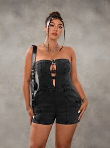 SHEIN ICON Mono vaquero sin mangas con botones metálicos y cremallera en talla grande