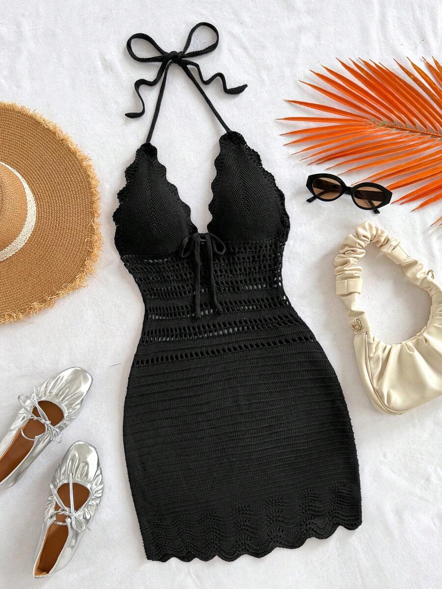 Soleia 欧美风女式性感露背针织吊带镂空系带沙滩裙春夏新品 - 黑色 - 查看 1