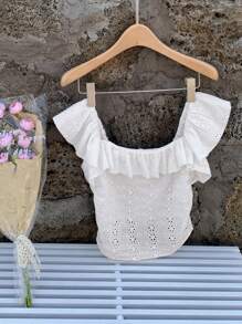 DAZY Blouse décontractée à épaules dénudées pour femmes, courte, blanche, tenue d'été pour croisière, avec volants, top court pour femmes