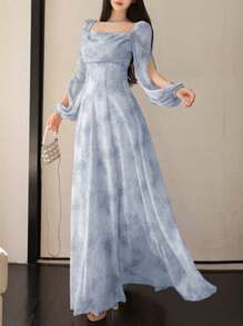 Modelyn 女式雪纺碎花垂坠领褶饰腰部飘逸下摆优雅度假连衣裙 - 淺藍色 - 查看 3