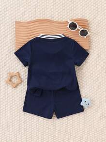 SHEIN Playful Pals 2 件套男婴休闲双色字母刺绣 Polo 衫和短裤，可爱舒适，适合春夏季、户外、拍照、派对、日常穿着 - 寶藍色 - 查看 2