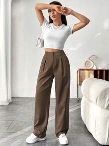 SHEIN Tall Women Solid Color Pleated Loose Straight Leg Pants Fall Cloth For Women - Brown - View 3