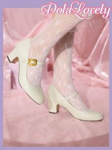 Dola Lovely Versátil moda 2024 Nuevos zapatos de tacón alto tipo Mary Jane de terciopelo con punta redonda y tacón de bloque, de fácil puesta - Albaricoque - Ver 5