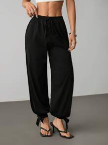 SHEIN PETITE Pantalones harem de cintura alta de unicolor con recortes para mujer - Negro - Ver 6