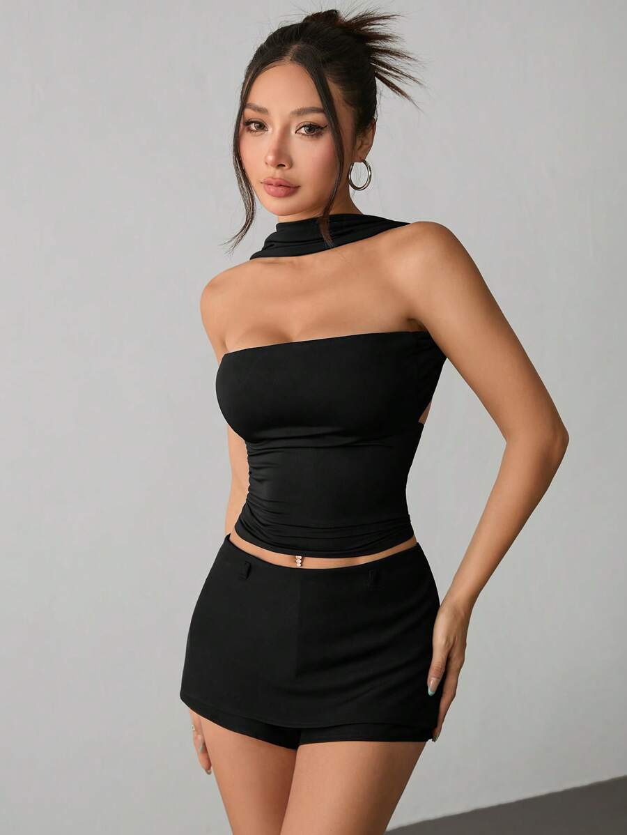 SHEIN PETITE 女士纯色褶皱短款修身挂脖背心