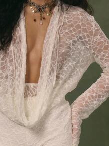 MUSERA Extreme Plunge Draped Front Textured Lace Long Sleeve Flared Cuff Top Only Sexy Cute Ibiza Club Vacation Holiday Boho Festival Rave Going Out Tops Club Winter Spring Summer - Cream - View 5