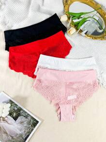 4pcs Plus Size Women's Fashion Lace Patchwork Triangle Panties - Multicolor - View 3