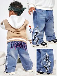 SHEIN Pantalones vaqueros casuales de vestir holgados con estampado de llama y letras para bebé niño - Lavado ligero - Ver 1
