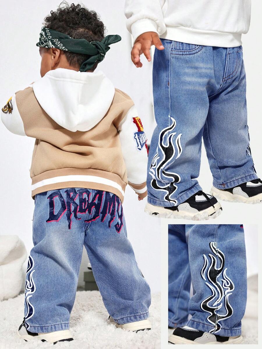 SHEIN Pantalones vaqueros casuales de vestir holgados con estampado de llama y letras para bebé niño - Lavado ligero - Ver 1