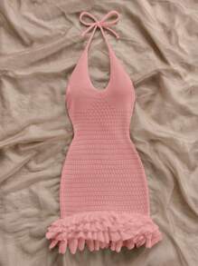 Soleia Vacation Halter Neck Backless Ruffle Hem Knit Dress - Pink - View 3