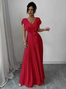 Elenzga V-Neck Ruffle Waist A-Line Elegant Romantic Dress For Women - Red - View 5