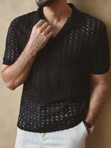 Manfinity ModaGents Camisa polo casual de manga corta, ajustada, con jacquard y calado para hombre