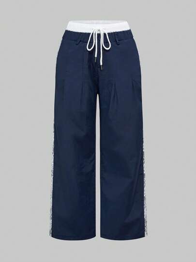 Grunge Punk Pantalon droit casual pour femmes avec taille à cordon de serrage, patchwork en dentelle et blocs de couleurs