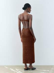 Maija Summer Khaki Round Metal Buckle Elegant Modern Knit Dress For Women, Suitable For Vacation, Holiday, Business Casual, Beach Wedding, Valentine's Day Party, Vintage, 90s, Bohemian Style