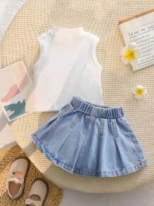 SHEIN 女婴半高领短款图案印花棉质罗纹上衣和百褶裙 2 件套 - 白色 - 查看 2