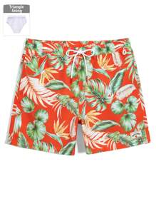 Surfspeed Men's Drawstring Waist Tropical Plant Print Beach Shorts - Orange - View 5