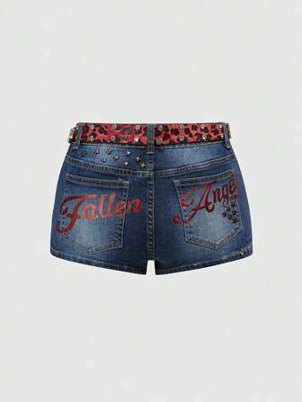 J-Fashion Shorts in denim stile vintage Y2K, con stampa leopardo in patch di PU e lamina