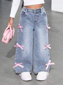 SHEIN Young Girl Y2K Cute Pink Bow Decor Loose Blue Denim Wide Leg Pants, Girl Fall And Winter Denim Jeans Clothes,Cool Outfit/Girls Thanksgiving Outfit,