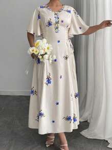 Modelyn Große Größen A-Linie Kleid mit gewebtem Blume Muster und Bindegürtel - Blau - Übersicht 6