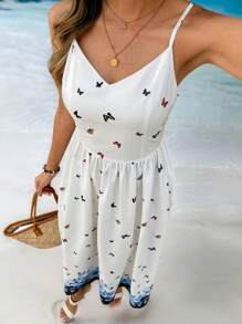 SHEIN LUNE Women's Casual Butterfly Print Strap Mid-Calf Dress - Multicolor - View 7