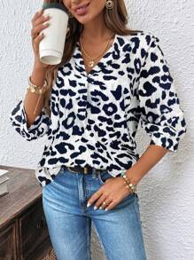 SHEIN LUNE Women's Leopard Print 3/4 Sleeve Casual Loose Blouse Cheetah Print,Casual - Black and White - View 3