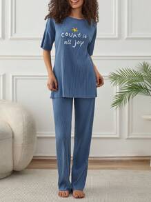 RueChic Women Contrast Colur Slogan Pattern Homewear Basic Lounge Set - Royal Blue - View 5