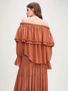 女士法式优雅单肩层叠荷叶边袖抽绳橙色雪纺衬衫，夏季上衣，长袖上衣，节日，波西米亚风 - 亮橙色 - 查看 9