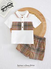 Cozy Pixies 2pcs/Set Baby Boy Colorblock Lapel Short Sleeve Snap Button Casual Shorts Set